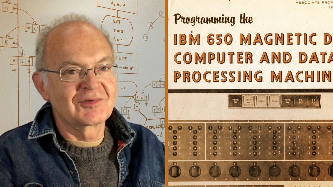 Still image from video with Don Knuth on the left and a manual cover for IBM 650 computer on the right.